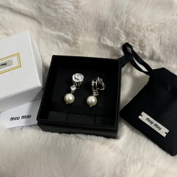 Miu Miu Crystal and Pearl Drop Clip on Earrings - Picture 2 of 7